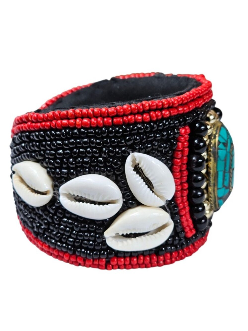 Handmade Beaded Cuff Bracelet Red & Black Seed Beads, Cowrie Shells, Turquoise - Picture 2 of 5
